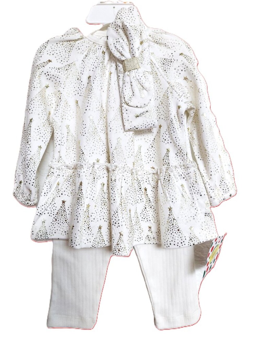 Sweet! 3pc Little Me Baby Girl Holiday Outfit 9 mos Ivory/Gold Christmas Trees